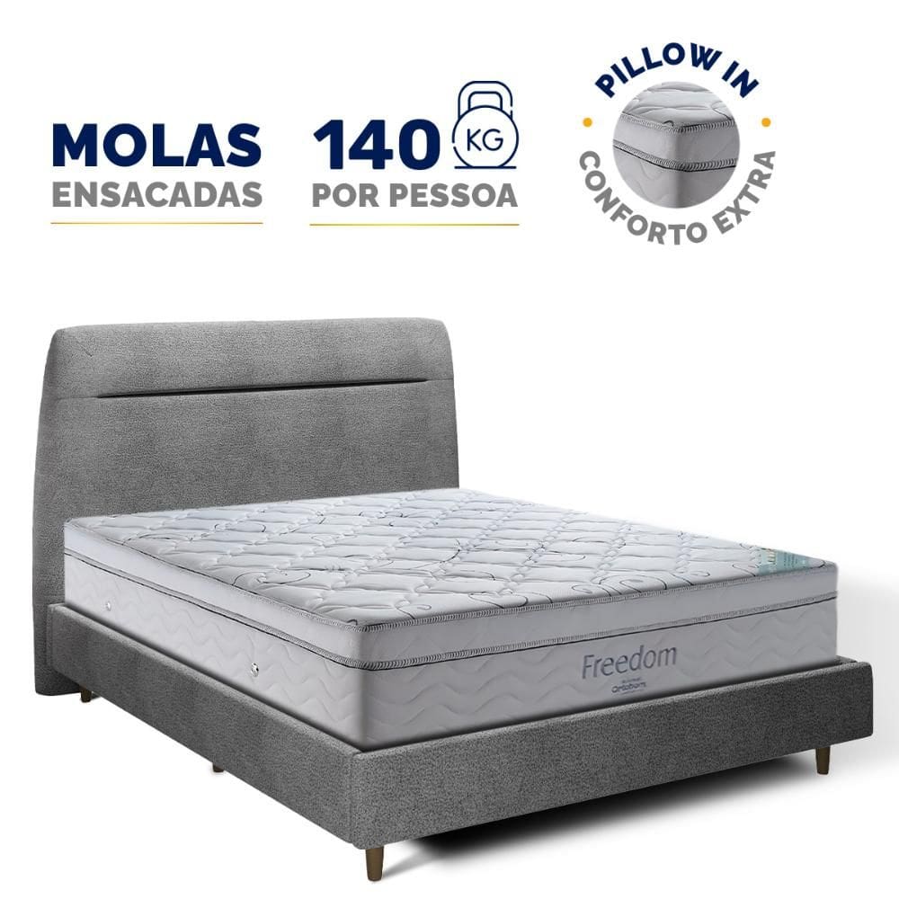 Cama + Cabeceira Genebra Bouclé com Colchão de Molas Ensacadas D33 Pillow In Ortobom Freedom Queen 158cm