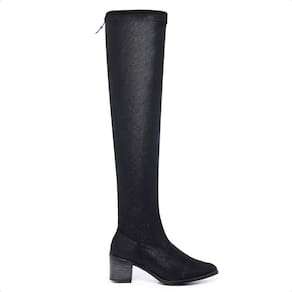 Bota Over The Knee Bico Fino Salto Baixo Elástico Moderna