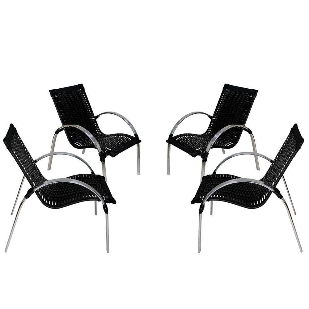 4 Cadeiras Em Alumínio Polido Fibra Sintética Preto