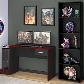 Kit 2 Peças com 1 Escrivaninha Gamer e 1 Estante para Livros 5 Prateleiras Preto/Vermelho