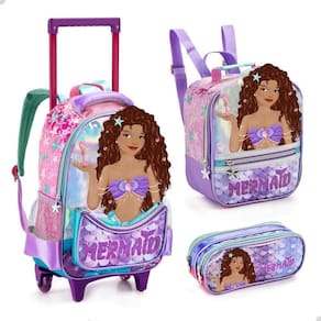 Kit Mochila Rodinha Lancheira Estojo Escolar Sereia Morena