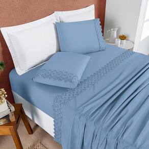 Jogo Cama Lençol Bouclê King Micro Percal 200 Fios c/ Laise Bordada 4 Peças - Azul Ice Blue