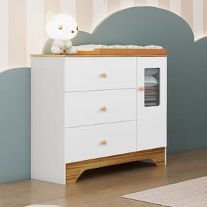 Cômoda Infantil 1 Porta com Janela Retangular e 3 Gavetas 100% Mdf Cocada Branco Brilho/Amêndoa