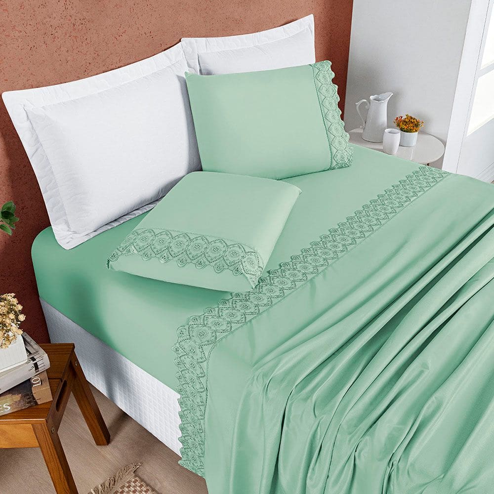 Jogo Cama Lençol Bouclê Queen Micro Percal 200 Fios c/ Laise Bordada 4 Peças - Verde Salvia