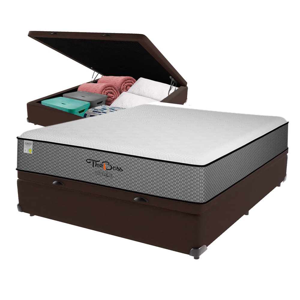Cama Box Baú Marrom e Colchão Casal The Boss Molas Ensacadas Unique
