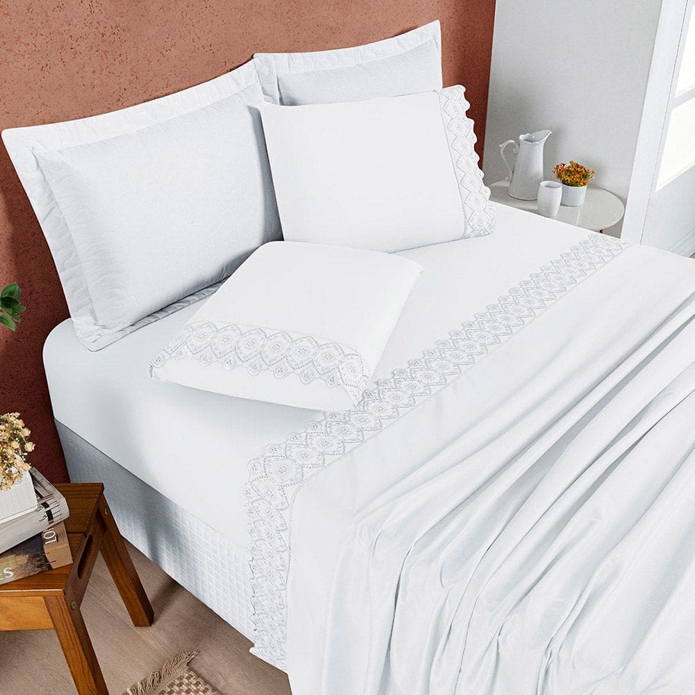 Jogo Cama Lençol Bouclê Queen Micro Percal 200 Fios c/ Laise Bordada 4 Peças - Branco Neve