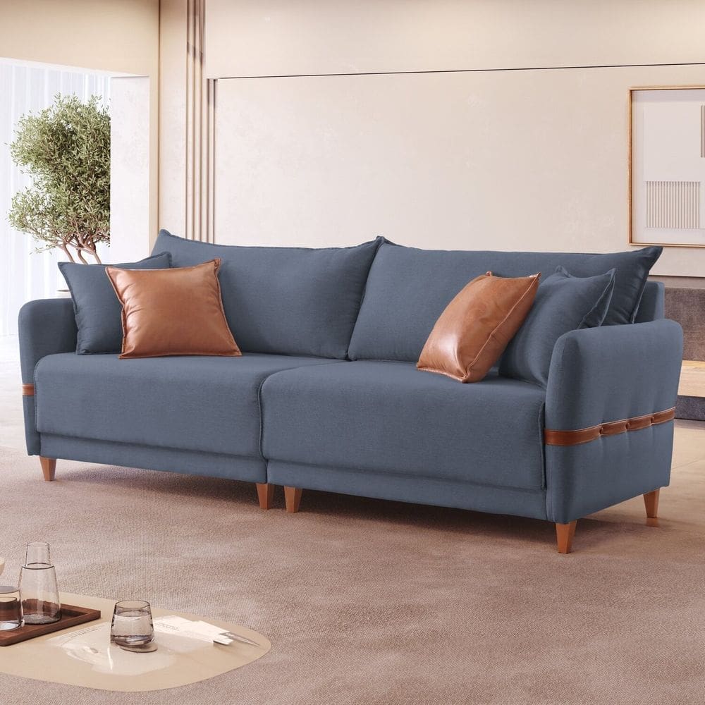 Sofá Living 265cm Estilo Moderno Canela Azul/Marrom