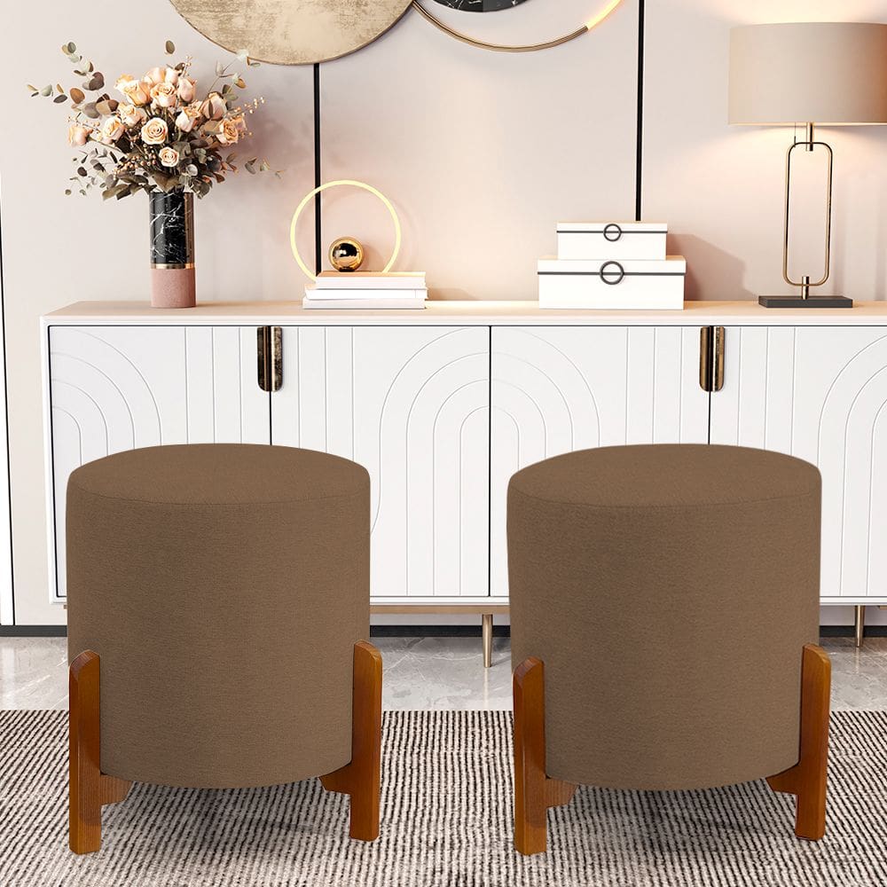 Kit 2 Puff Catânia em Veludo Marrom Base em Madeira