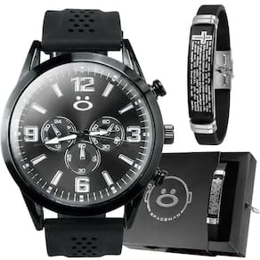Relogio Aço Inox Preto Masculino + Caixa + Pai Nosso Pulseira Casual Silicone Social Ajustavel