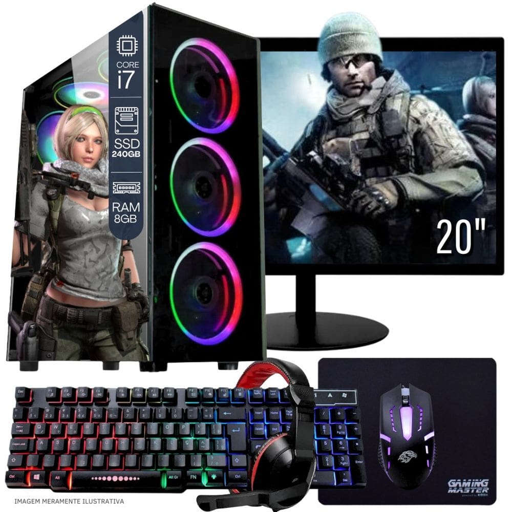 Computador Gamer Completo TOB Intel Core i7 SSD 240GB 8GB Teclado Mouse Mouse Pad e Headset Gamer Monitor 20" Windows 10 Pro Trial