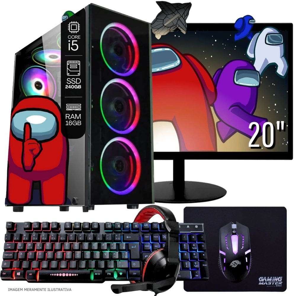 Computador Gamer Completo TOB Intel Core i5 SSD 240GB 16GB Teclado Mouse Mouse Pad e Headset Gamer Monitor 20&quot; Windows 10 Pro Trial