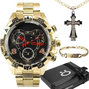 Relogio Dourado Prova Dagua + Pulseira + Caixa + Cordao Cruz Qualidade Presente Grande Ouro