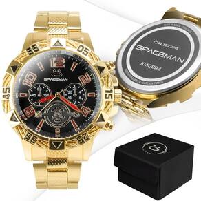 Relogio Dourado Inox Banhado Personalizado Masculino + Caixa Social Presente Analogico Casual Preto