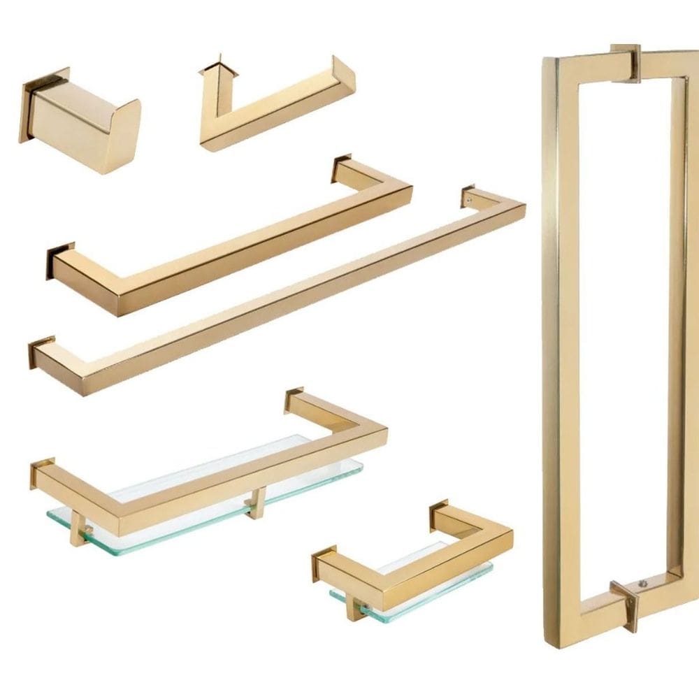 Kit de Acessórios Para Banheiro com 7 Peças em Aço Inox Dourado Linha Larissa Stainless