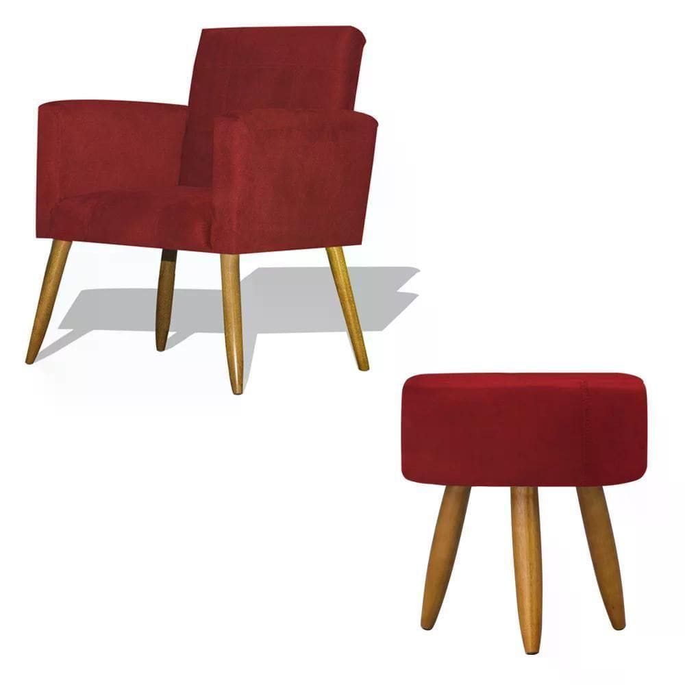 Kit Poltrona Decorativa Nina C/Puff Redondo Vermelho