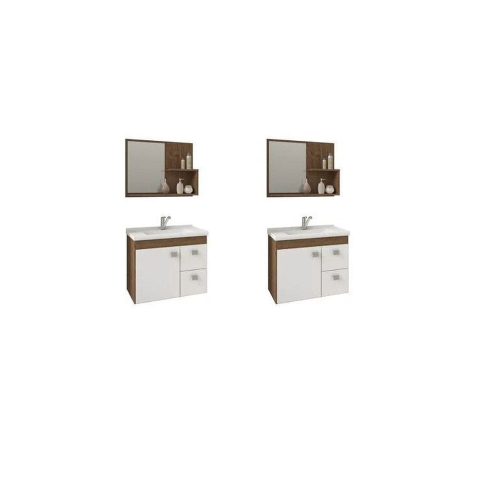 Kit com 2 Gabinetes Suspensos com Cuba e Espelheira Isa Amêndoa/Branco