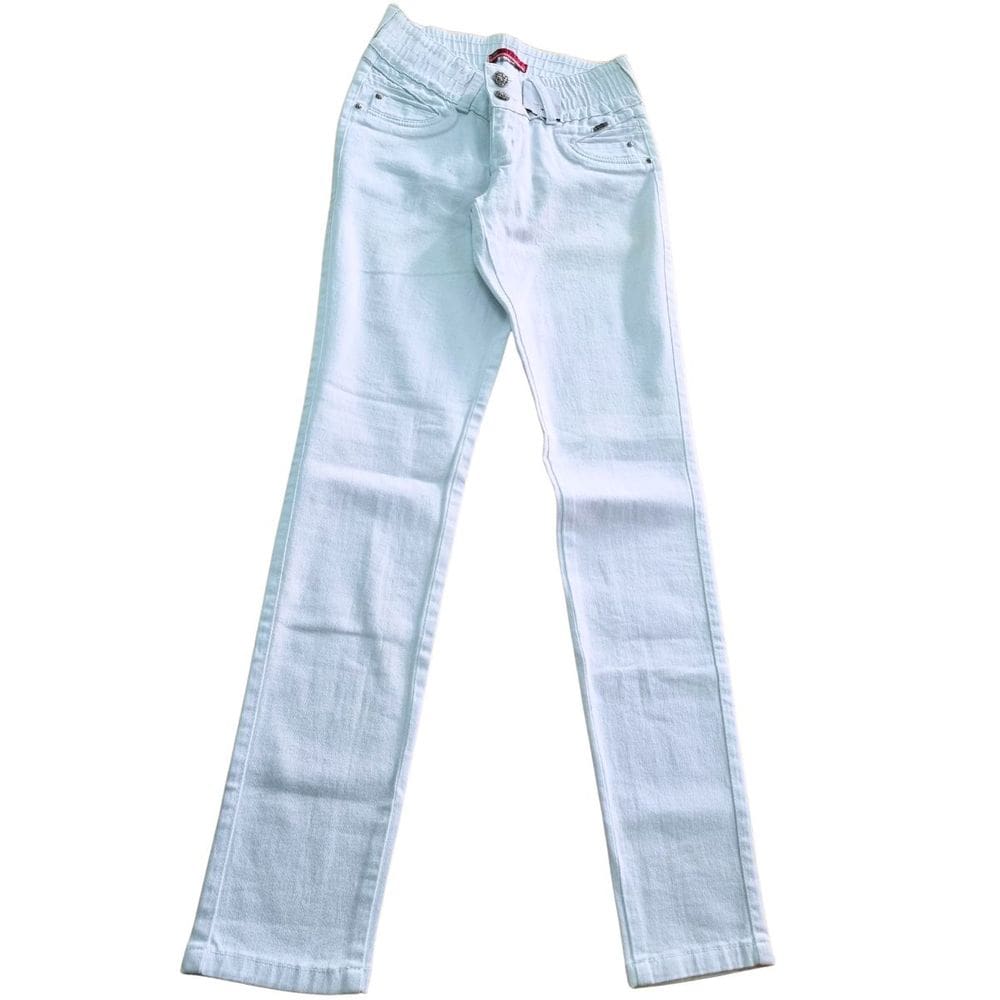 Calça Feminina Branca Sarja com Elastano Elástico Cintura Cós Intermediário Shyros
