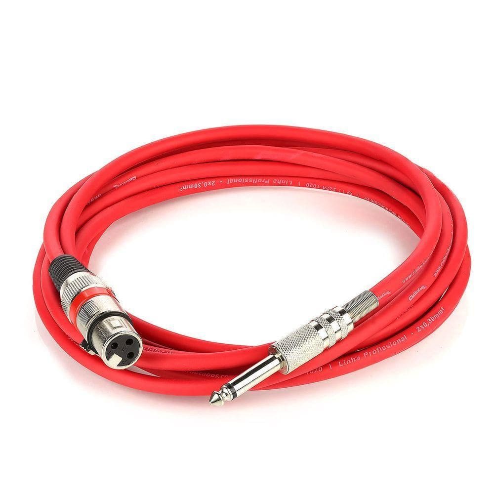 Cabo De Microfone Xlr Femea Para P10 Mono - Vermelho - 10 Metros