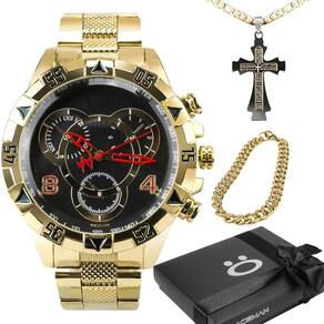 Relógio Masculino à Prova D`água + Pulseira + Cordão Crucifixo Social Ouro Qualidade Preto