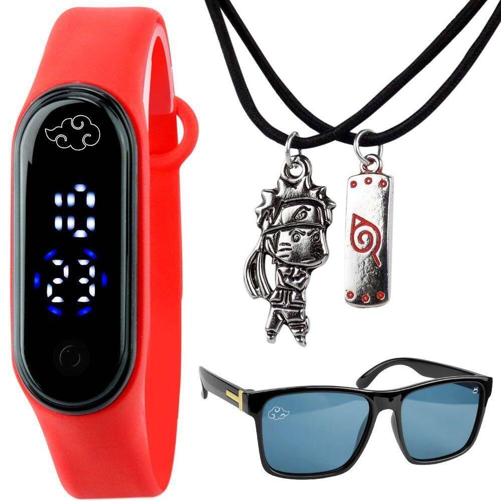 Relogio Digital Infantil Naruto Led + Colar Duplo + Oculos Vermelho Protecao Uv Melhores Amigos