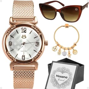 Relogio Feminino Aço Rose + Pulseira + Oculos Sol + Caixa Qualidade Casual Silicone Moda