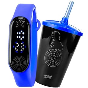 Relogio Digital Led Prova Dagua + Copo Capitao America Presente Pulseira Ajustavel Resistente Menino