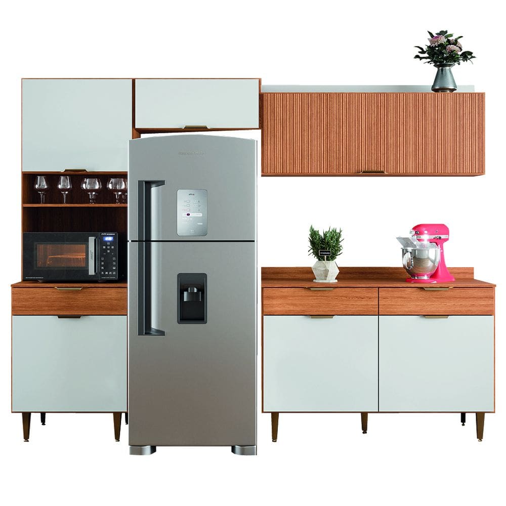 Armário de Cozinha Completa Com Balcão 6 Portas Ripado 3D 3 Gavetas Nicho Madeirado/Off white