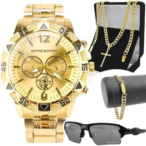 Relogio Banhado Masculino + Cordão + Pulseira Proteção Uv