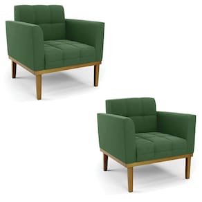 Kit 2 Poltronas Decorativas Pés Fixo Em Madeira Castanho Suede Verde