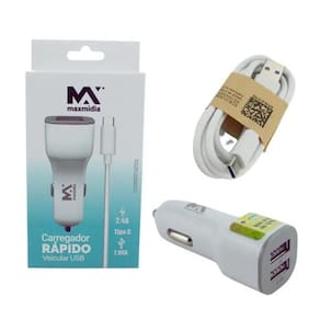 Carregador Automotivo 2 Usb 2.4  12W E Cabo 85Cm Tipo C - Maxmidia