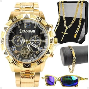 Relogio Dourado Masculino + Cordão + Pulseira Social Ouro