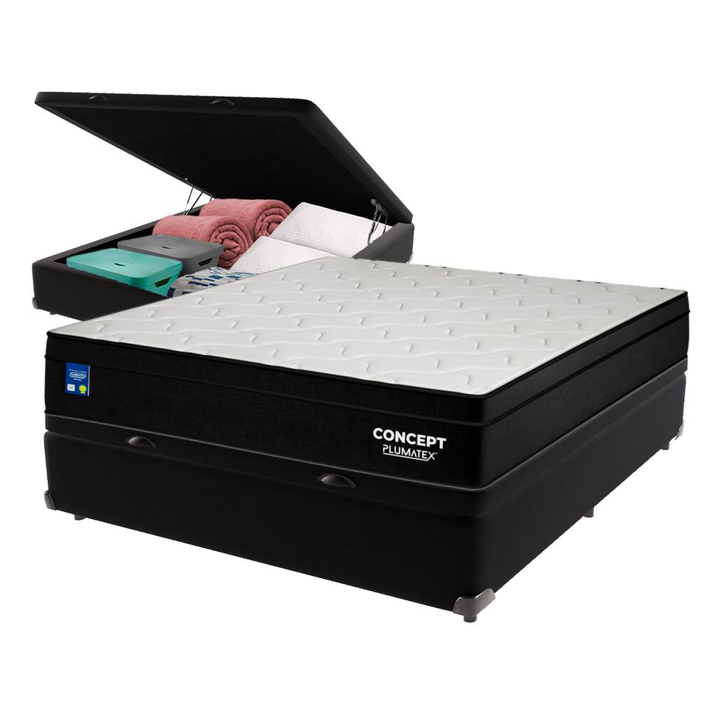 Cama Box Baú Preto e Colchão Casal Concept Molas Ensacadas Plumatex