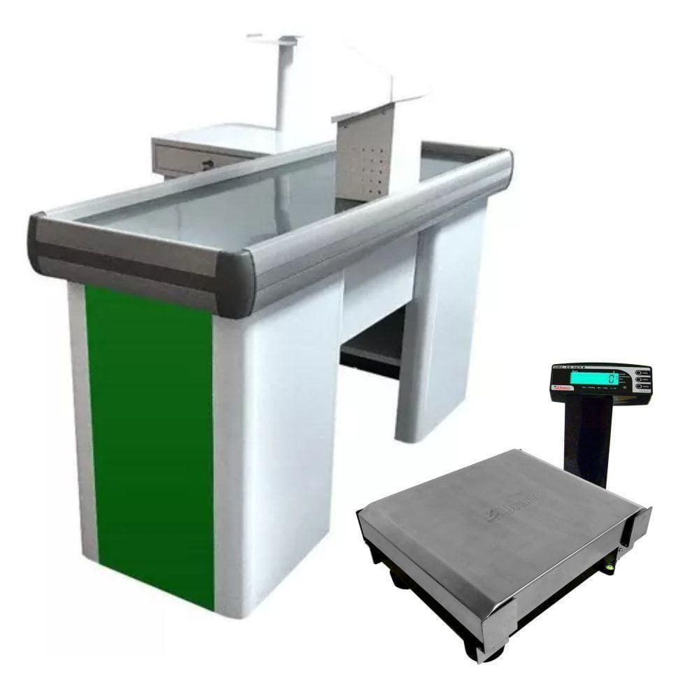 Caixa Supermercado Empacotador Verde 1,50m Check Out E Balança 30kg Urano Bivolt