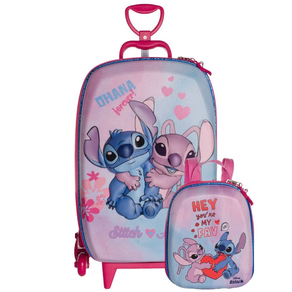 Kit Mochila De Rodas Stitch e Angel 3D Lancheira Escolar