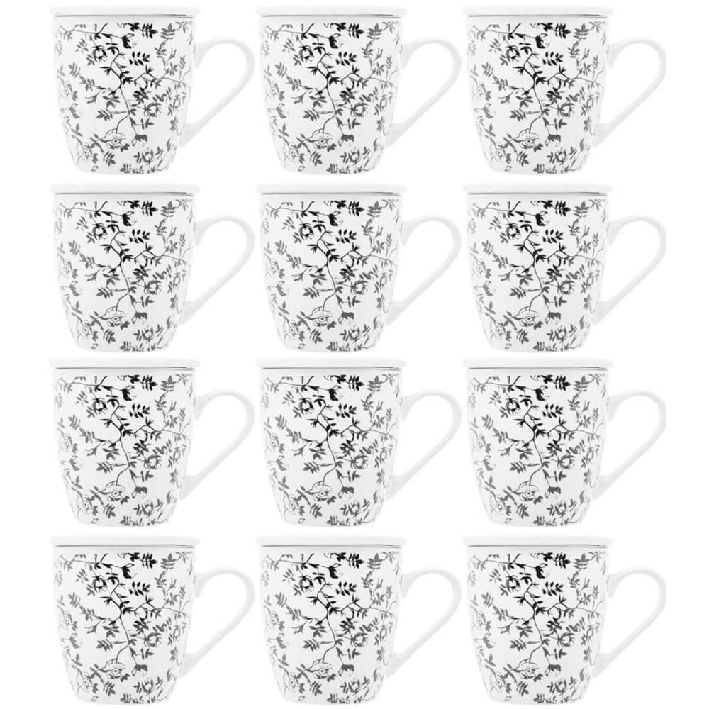 Jogo de Xícaras de Porcelana 12 Canecas com Infusor de Chá e Tampa 310ml Tiny Flowers Lyor