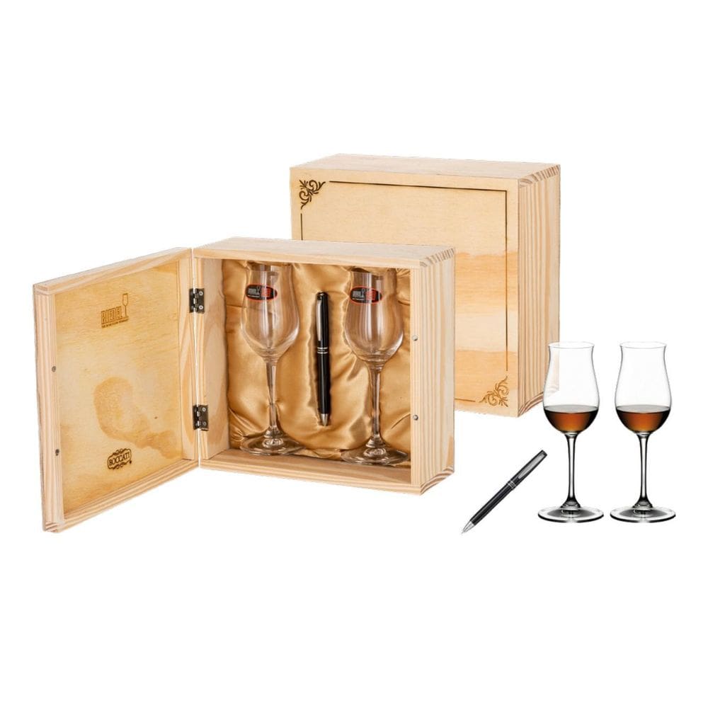 Kit 2 Taças Conhaque Hennessy + Caneta Crown + Caixa Madeira