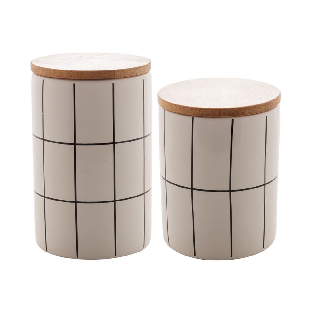 kit 2 peças Potiche de Cerâmica com Tampa de Bambu Branco.