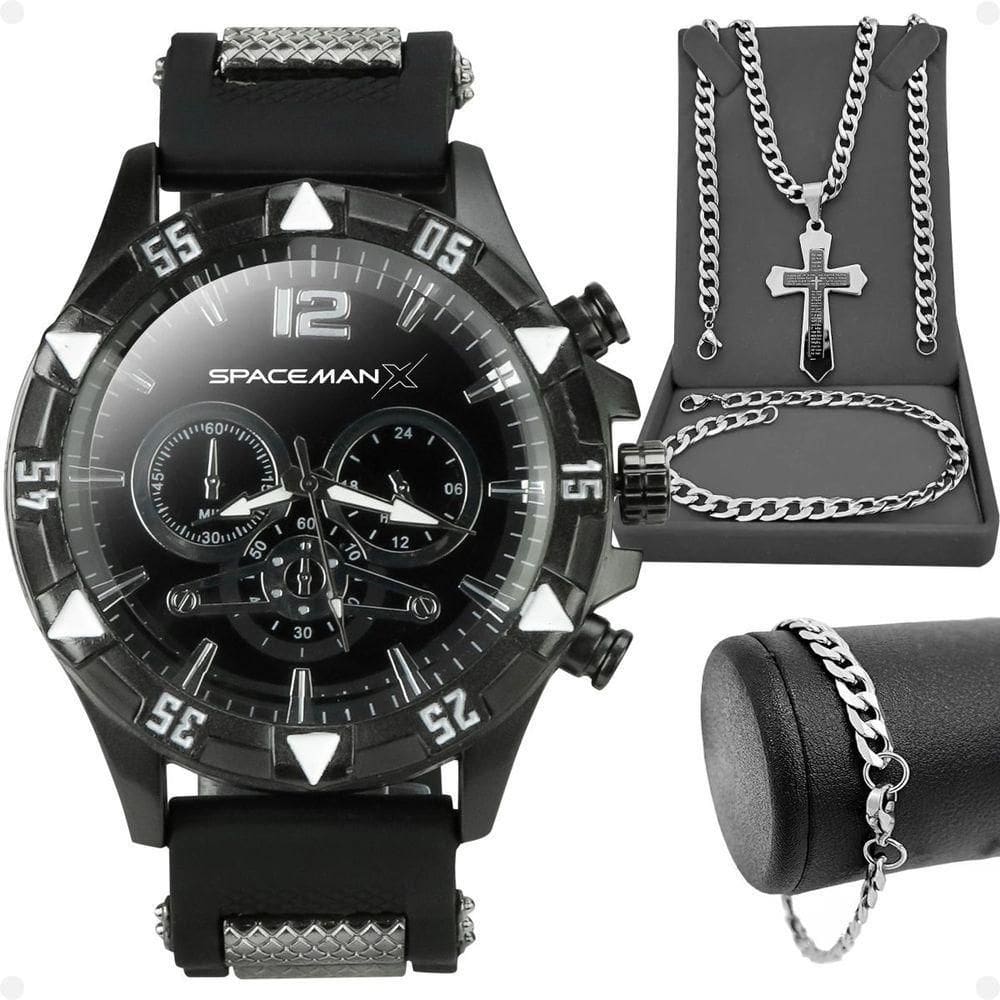 Relogio Masculino Preto + Cordão Prata Grumet + Relogio Masculino Aço Inox Black Piano