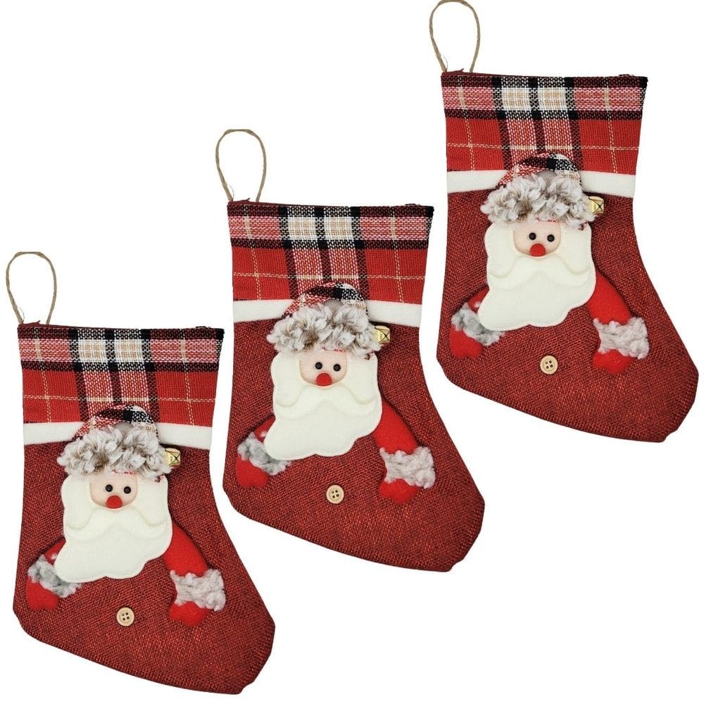 Kit 3 Botinhas Natal Papai Noel Pelúcia Xadrez com Guizo 25cm - Master Christmas