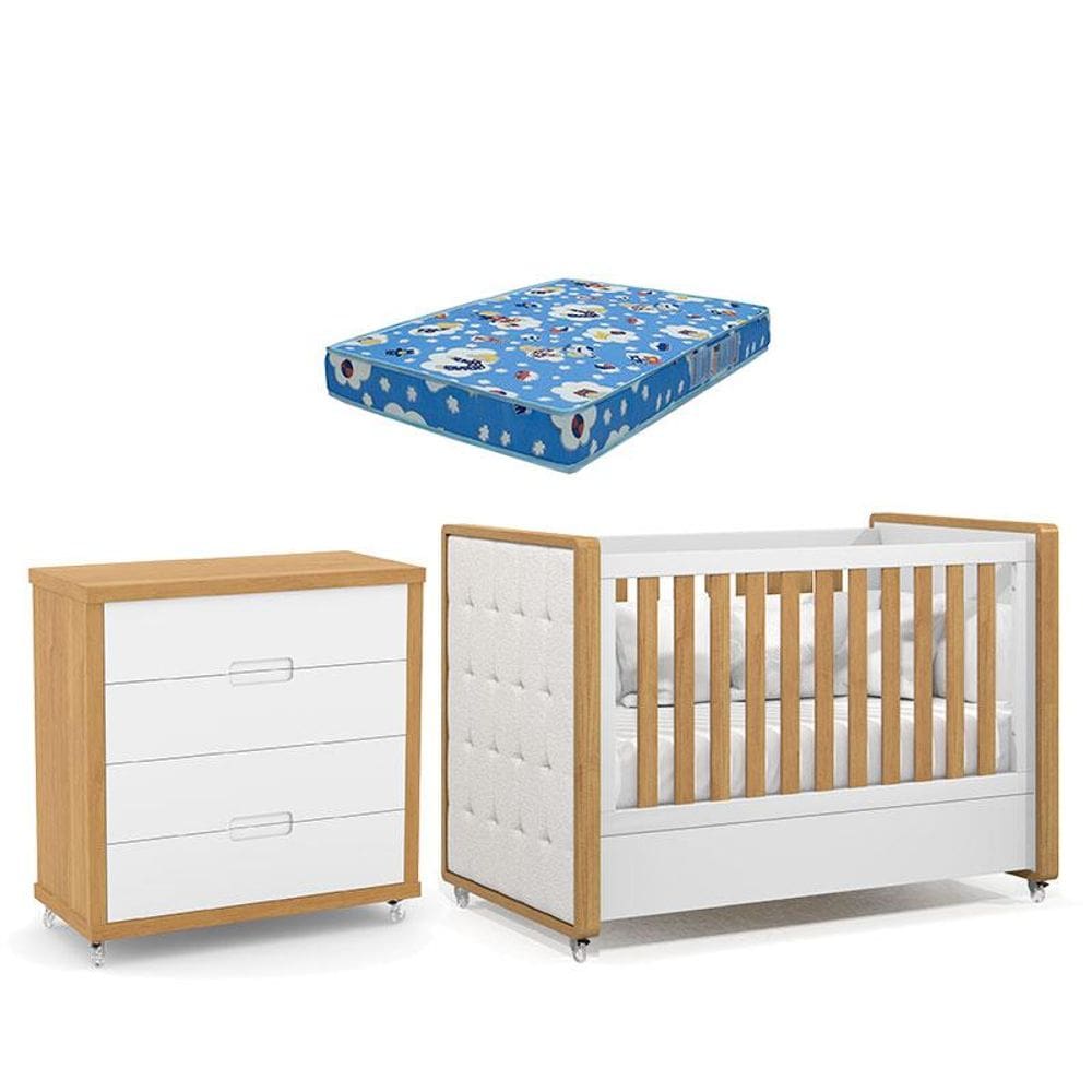 Berço Americano com Capitonê New Boucle e Cômoda Gaveteiro Infantil Tutto New Freijó Branco Acetinado e Colchão Ortobom - Matic