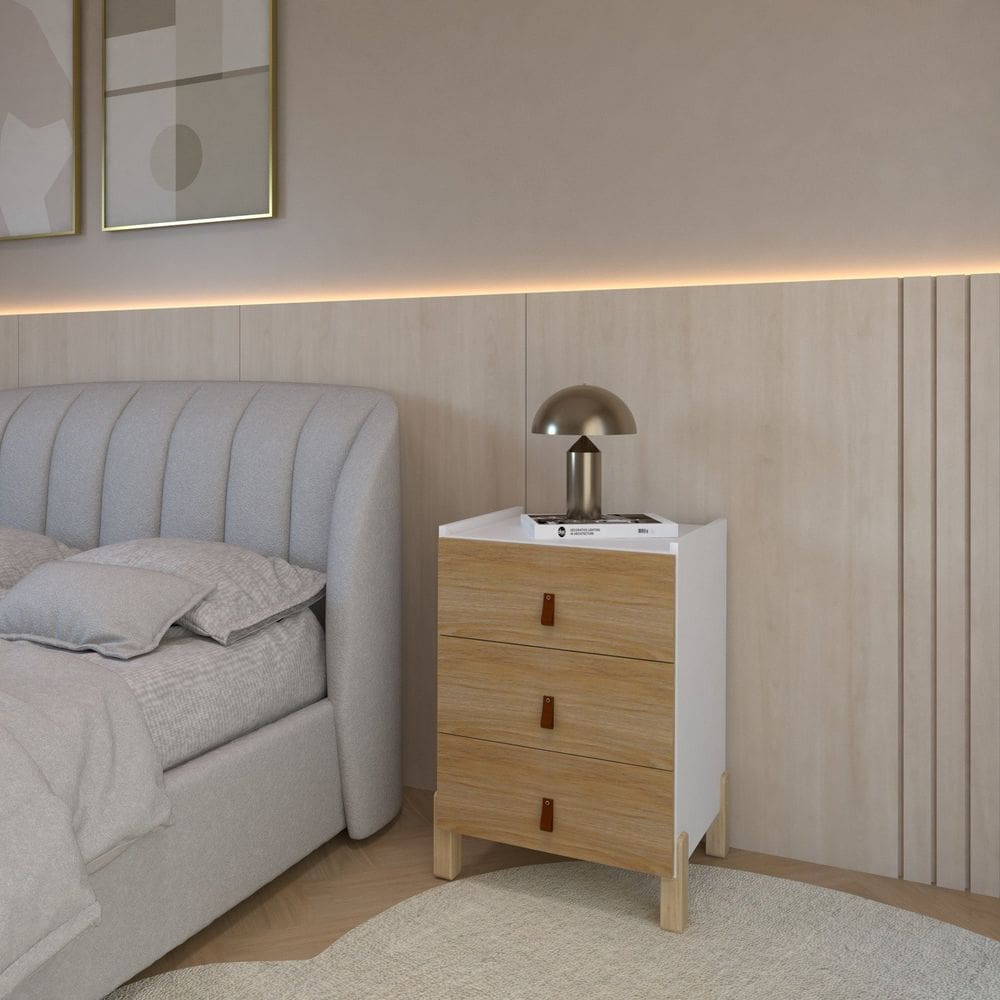 Mesa de Cabeceira para Quarto com 3 Gavetas Dumont Yescasa Branco / Amadeirado Freijó