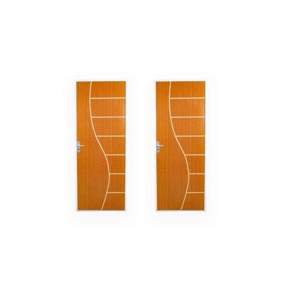 2 Kits Porta de Madeira Decorada 215x85cm com Batente de Aço 06cm Cantareira Mogno