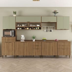 Cozinha Compacta 7 Peças 13 Portas 8 Gavetas Paris Nogal Manchester/ Verde Matte