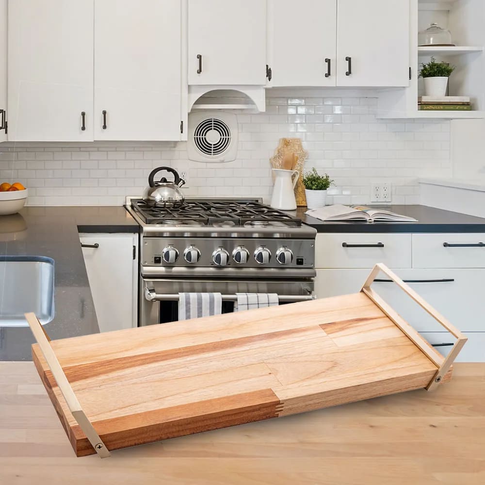 Bandeja  de Madeira com Aço Inox Champanhe 41cm x 17cm x 6cm -