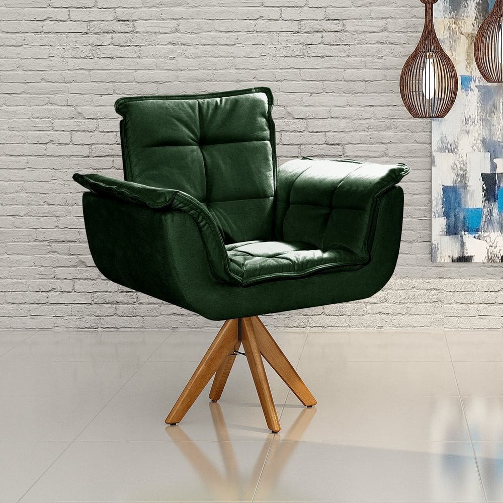 Poltrona Giratória de Madeira Bella Opala Decoração Sala Quarto Recepção Verde
