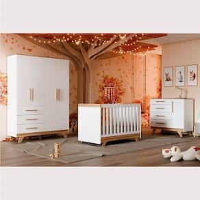 Quarto de Bebê Completo com Guarda Roupa Cômoda e Berço 100% Mdf Kakau Retrô Espresso Móveis Branco Brilho/Amêndoa