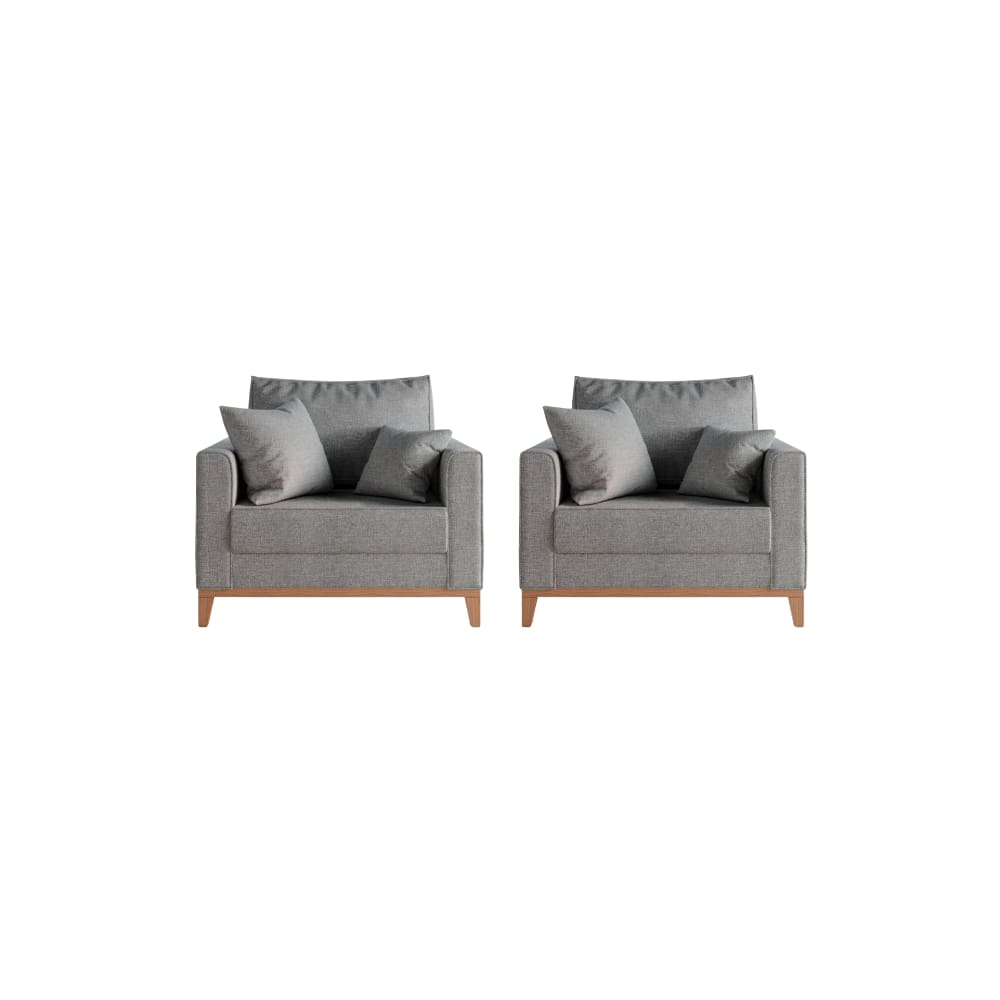 kIt 2 Poltronas Decorativa Sala Estar Beni Pés Madeira Linho Cinza - Montanaris Decor