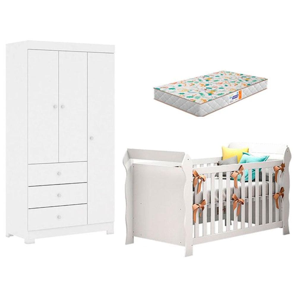 Berço Americano Lara e Guarda Roupa Duda 3 Portas Branco Brilho com Colchão Gazin – Phoenix Baby
