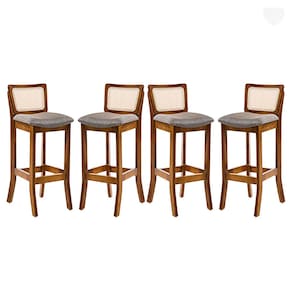 Kit 4 Banquetas Alta com Encosto em Rattan Portugal Estofado Linho Cinza L55 RMI