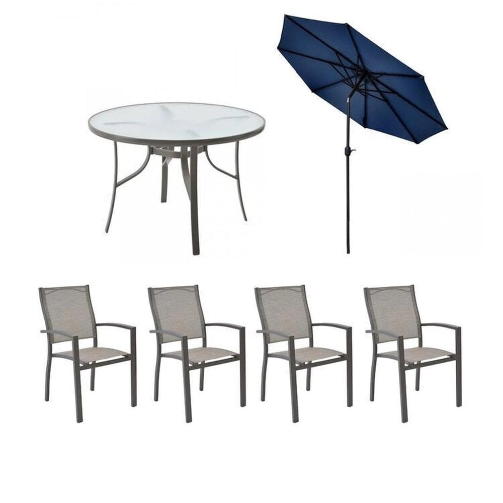 Conjunto para Jardim com 1 Mesa Macae 4 Cadeiras Angra e 1 Ombrelone Amêndoa/Azul